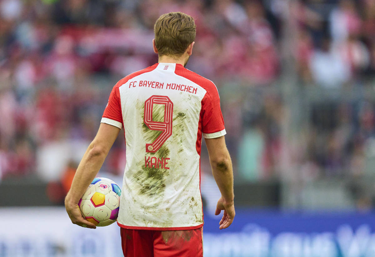 Harry Kane pictured holding the match ball after scoring a hat-trick for Bayern Munich in an 8-1 win over Mainz in the Bundesliga in March 2024